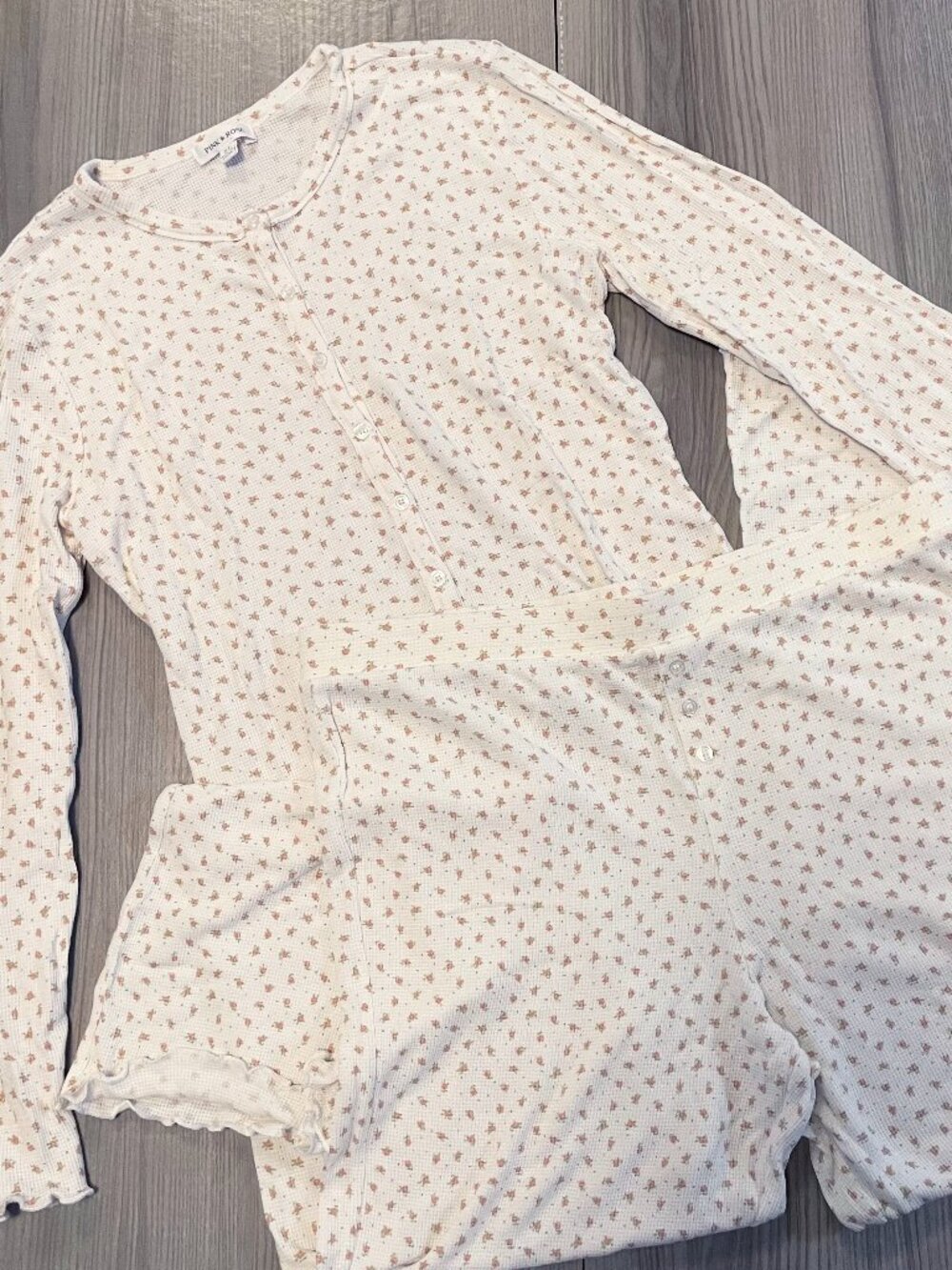 Pink Rose XL Floral Waffle Knit Pajama Set Cottagecore Long Sleeve Pants Cozy